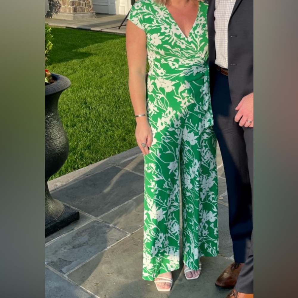 Floral Cap Sleeve Wrap Tie Jumpsuit In Green